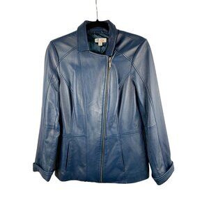 D&Co. Womens Genuine Leather Jacket XS Blue Zip-Up